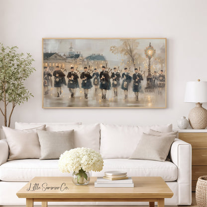 Marching Bagpipers Frame TV Art displayed on a TV
