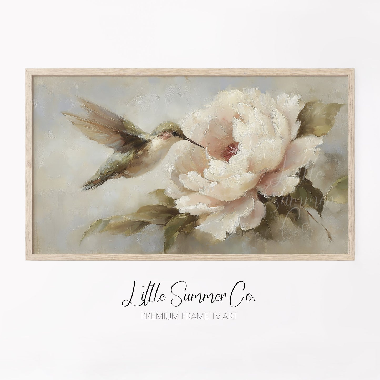 Hummingbird Peony Bloom Frame TV Art displayed on a TV