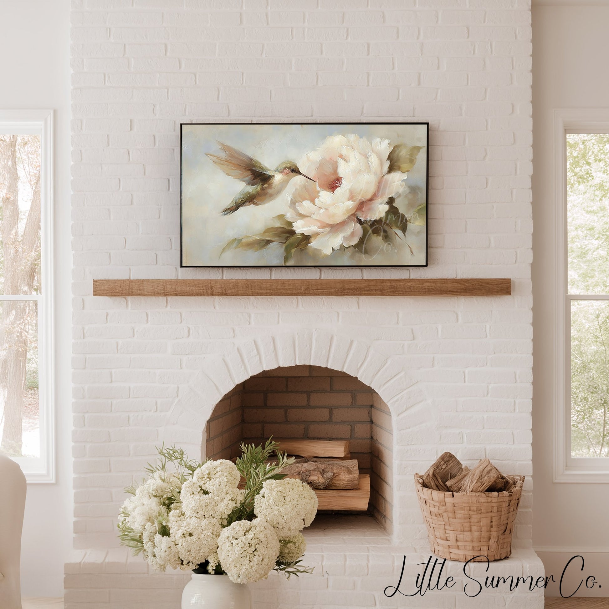 Hummingbird Peony Bloom Frame TV Art displayed on a TV