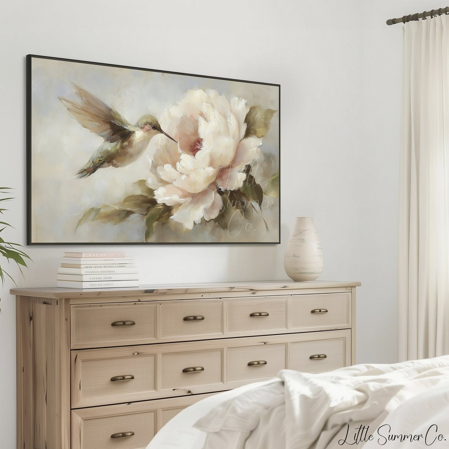 Hummingbird Peony Bloom Frame TV Art displayed on a TV