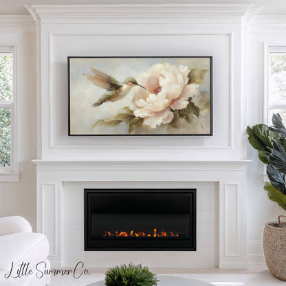 Hummingbird Peony Bloom Frame TV Art displayed on a TV