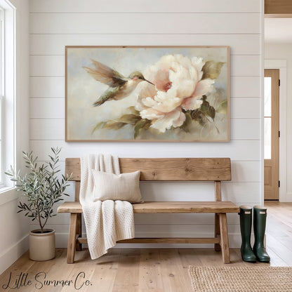 Hummingbird Peony Bloom Frame TV Art displayed on a TV