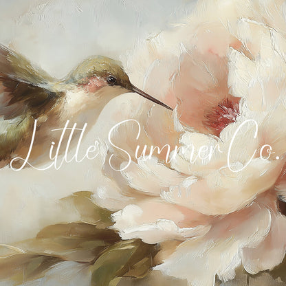 Hummingbird Peony Bloom Frame TV Art displayed on a TV