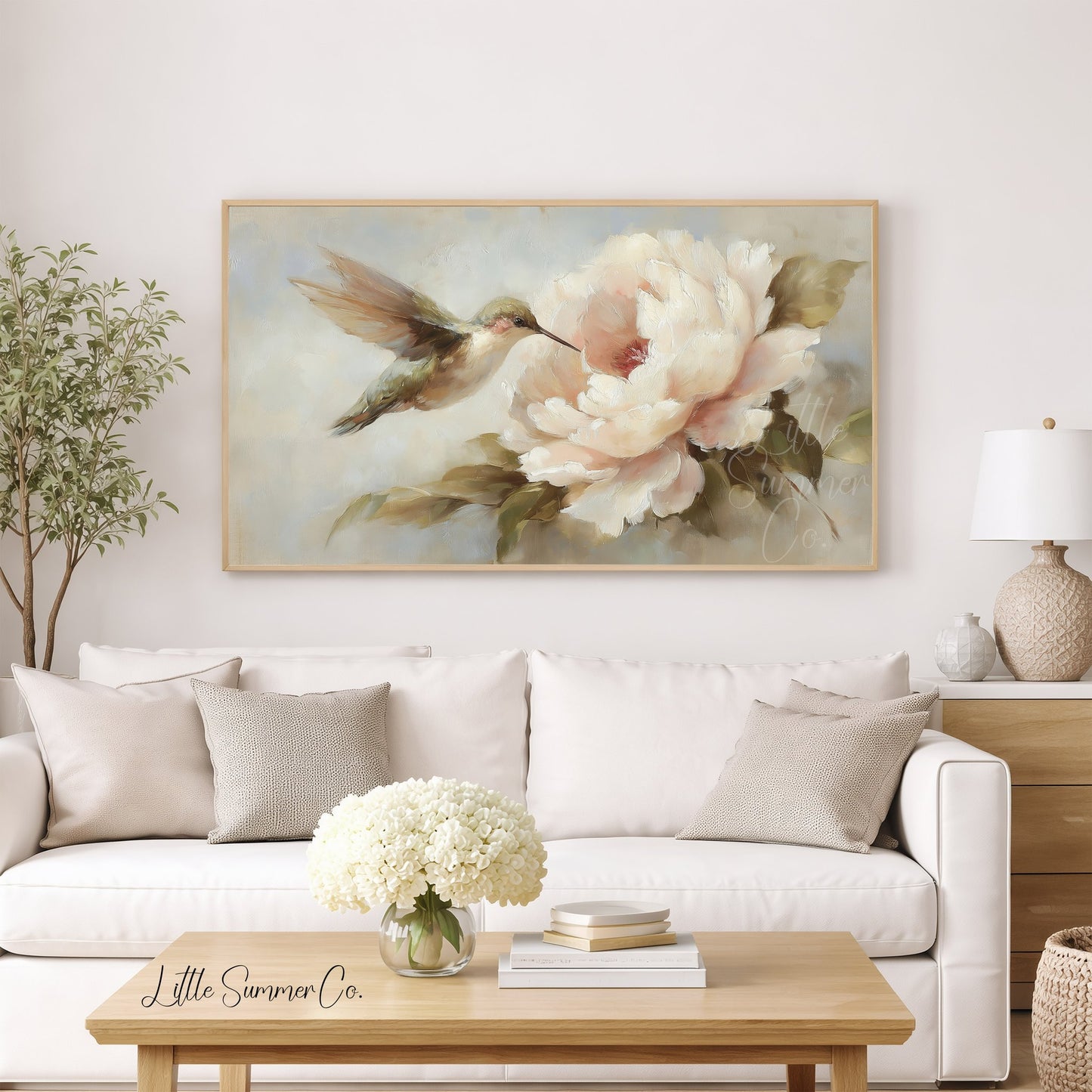 Hummingbird Peony Bloom Frame TV Art displayed on a TV