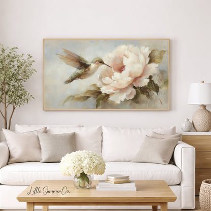Hummingbird Peony Bloom Frame TV Art displayed on a TV