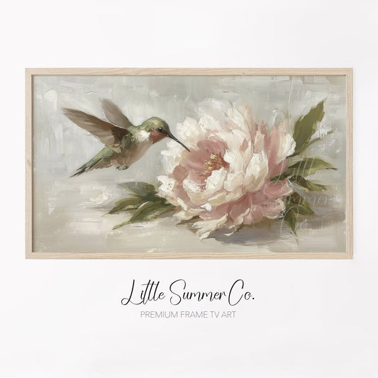 Hummingbird and Peony Frame TV Art displayed on a TV