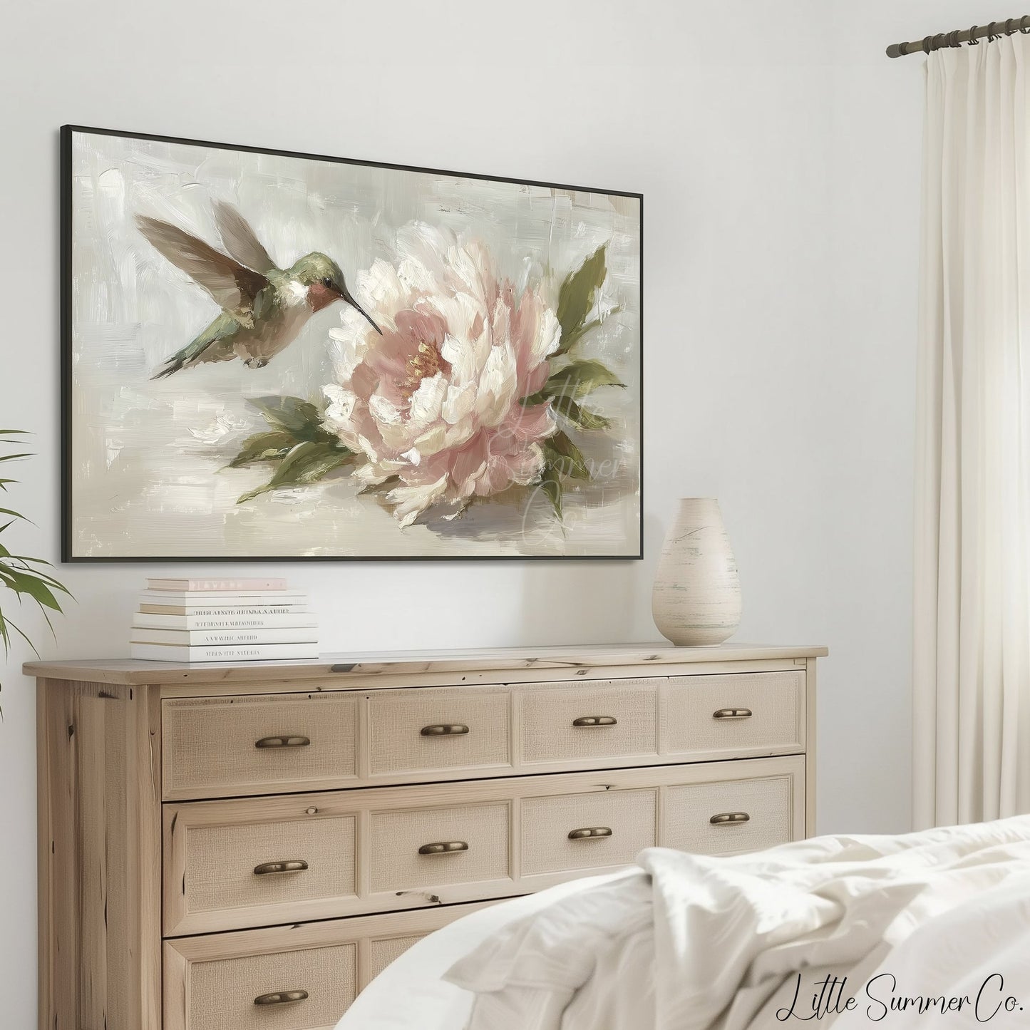Hummingbird and Peony Frame TV Art displayed on a TV