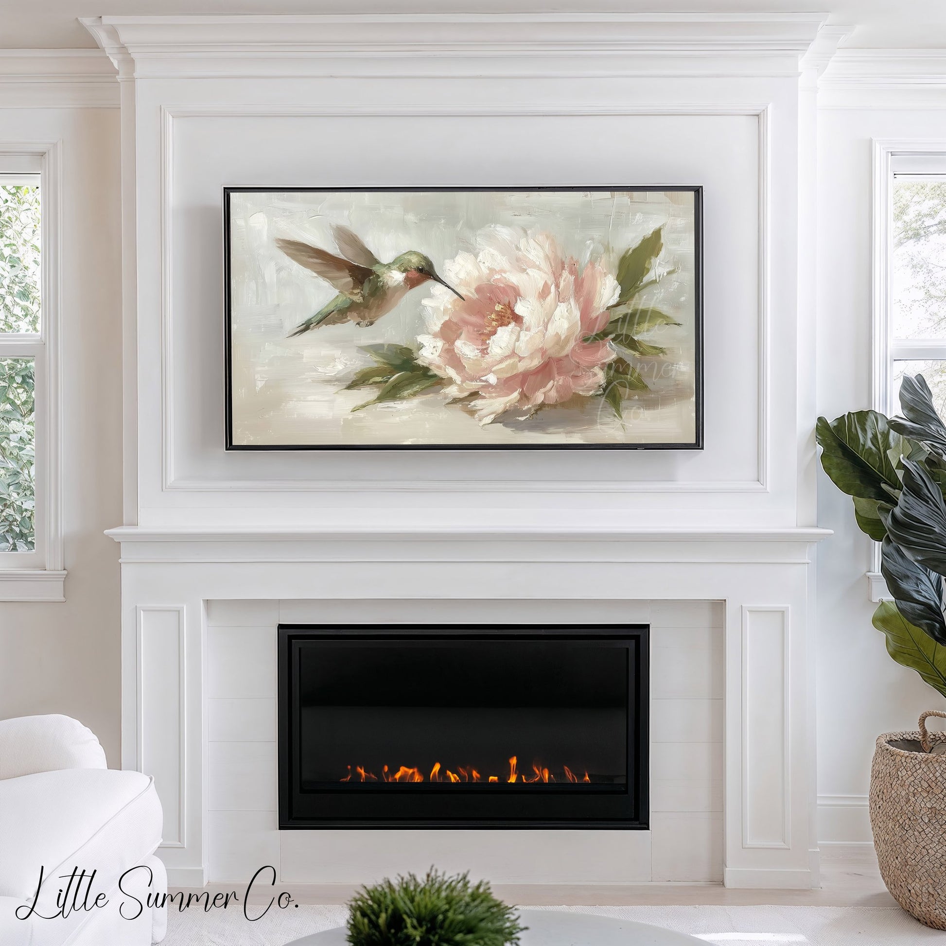 Hummingbird and Peony Frame TV Art displayed on a TV