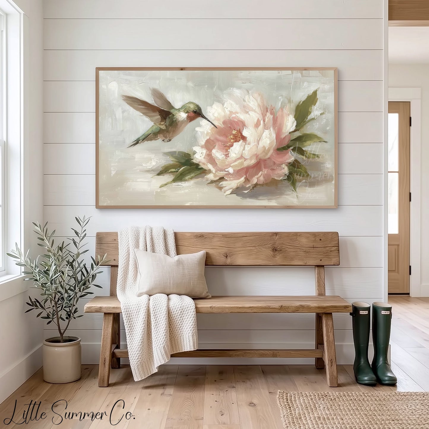 Hummingbird and Peony Frame TV Art displayed on a TV