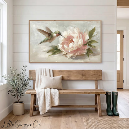 Hummingbird and Peony Frame TV Art displayed on a TV