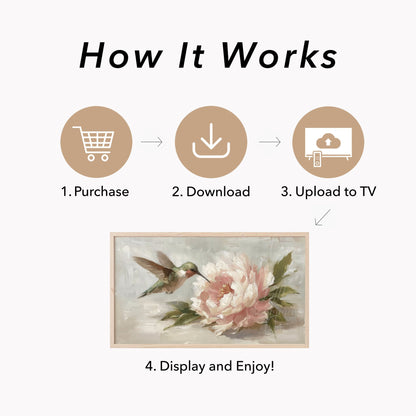 Hummingbird and Peony Frame TV Art displayed on a TV