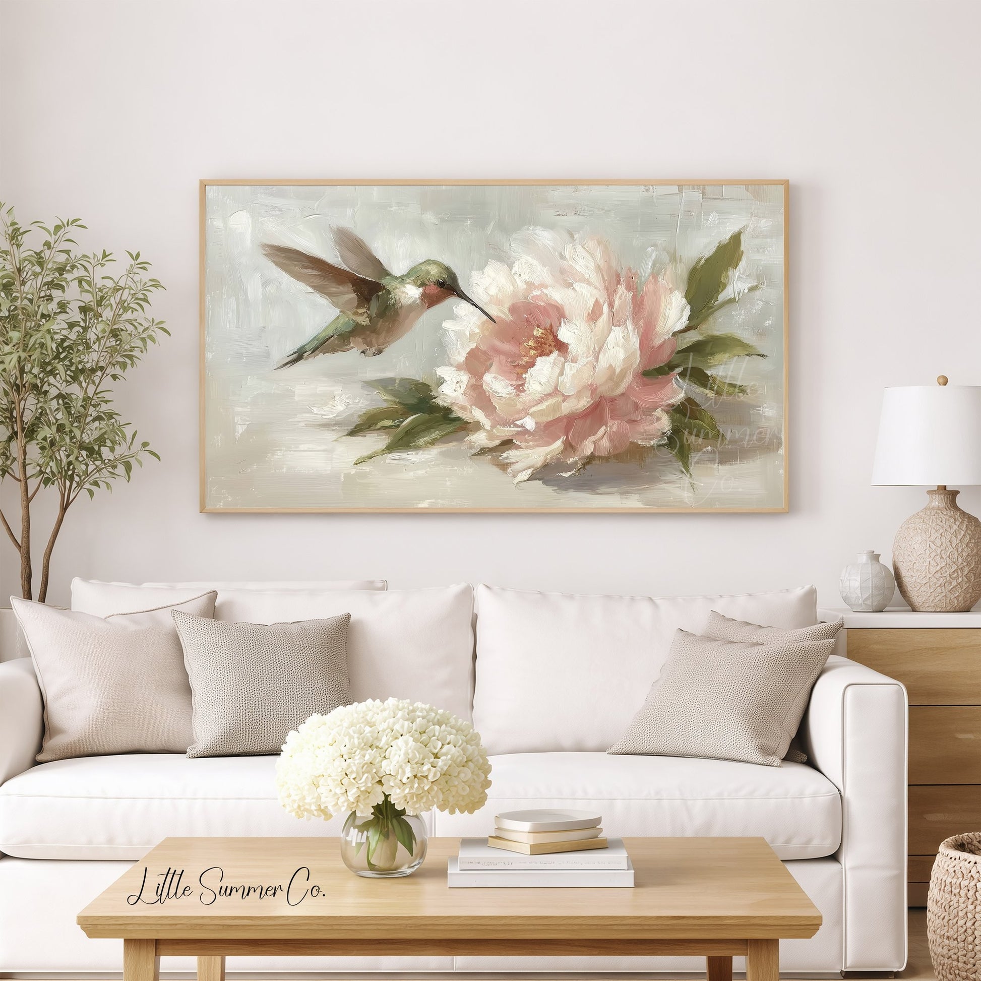Hummingbird and Peony Frame TV Art displayed on a TV
