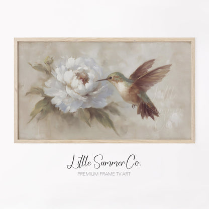 Hummingbird White Peony Frame TV Art displayed on a TV