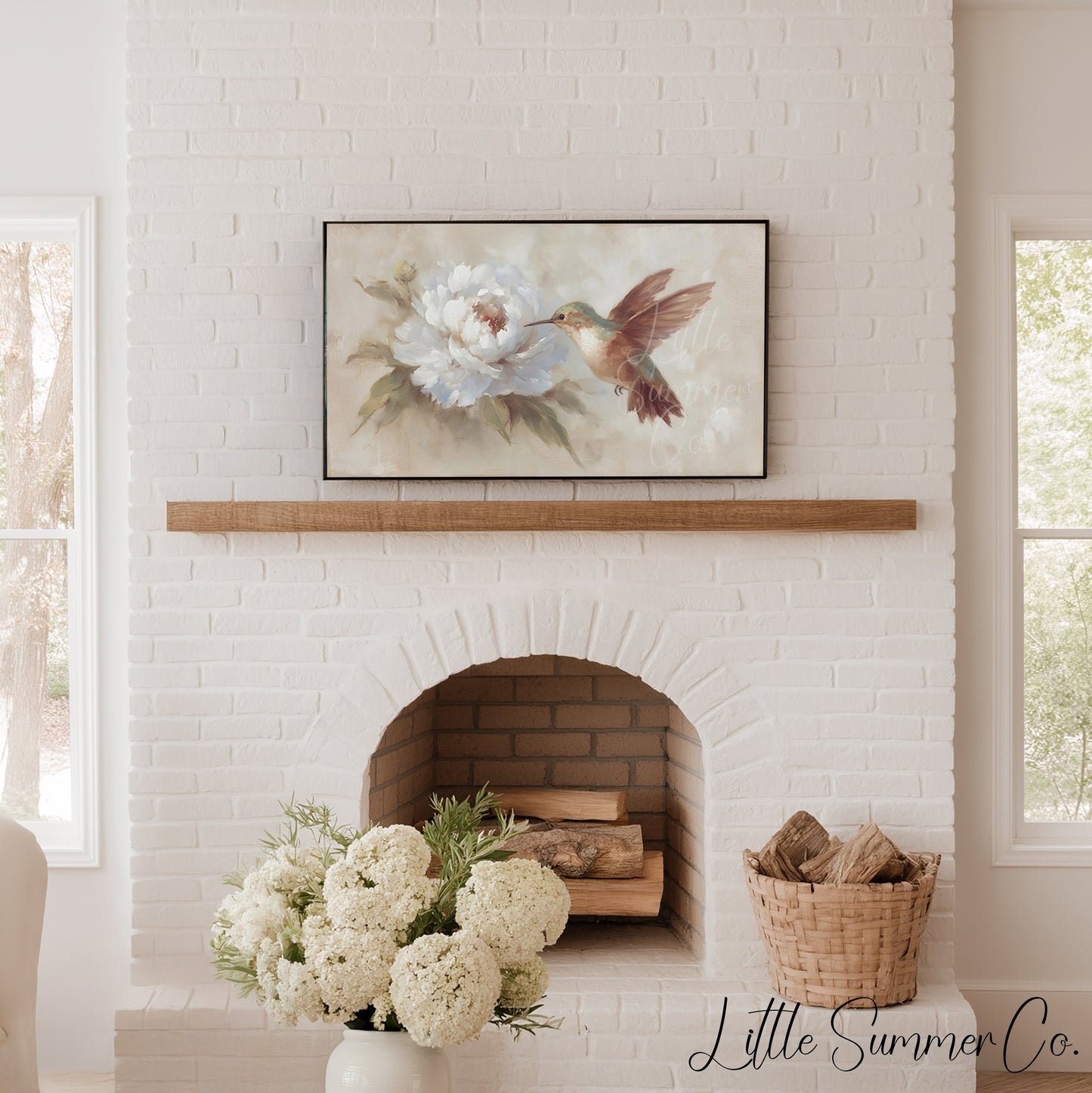 Hummingbird White Peony Frame TV Art displayed on a TV