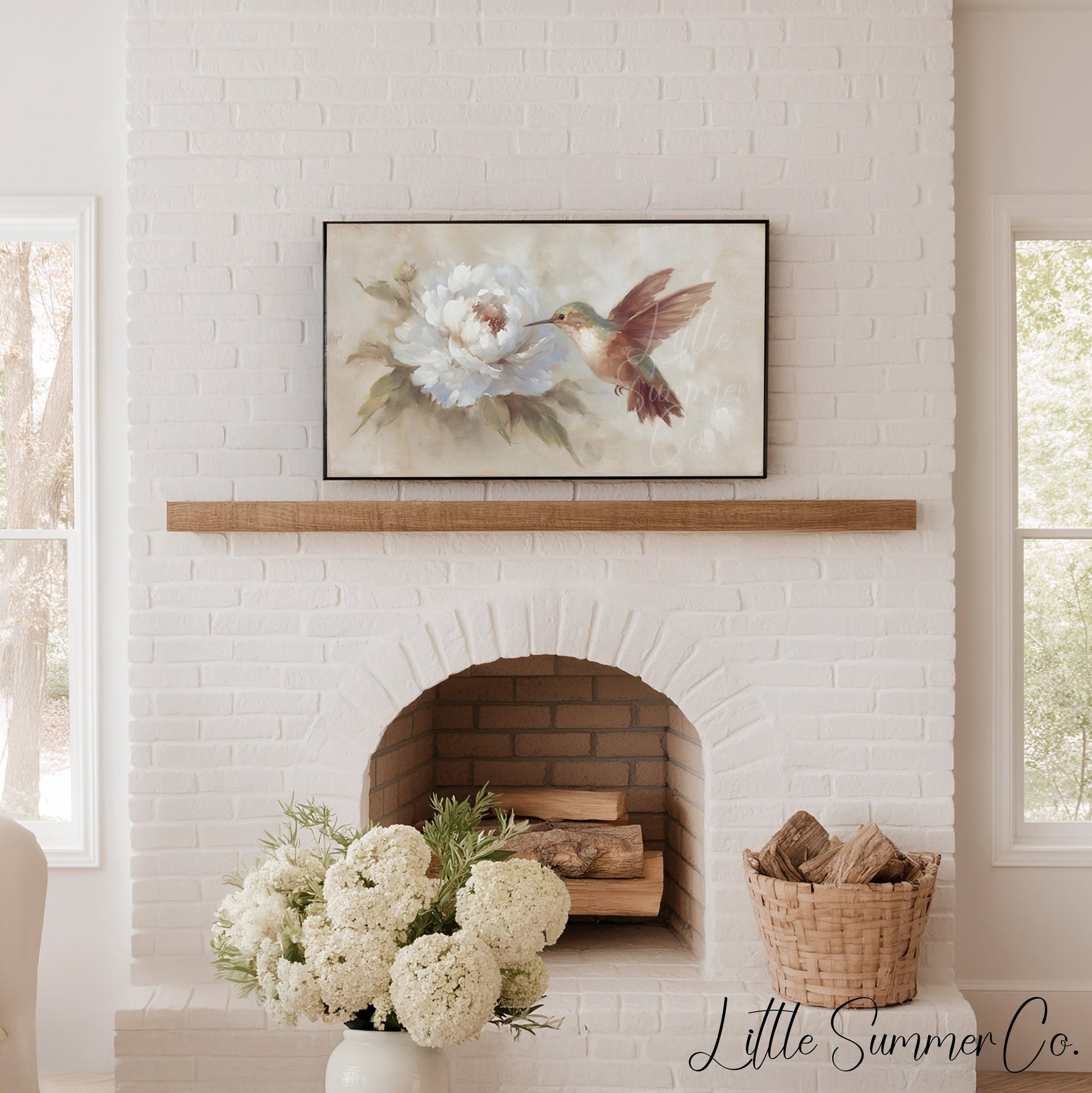 Hummingbird White Peony Frame TV Art displayed on a TV