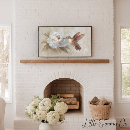 Hummingbird White Peony Frame TV Art displayed on a TV