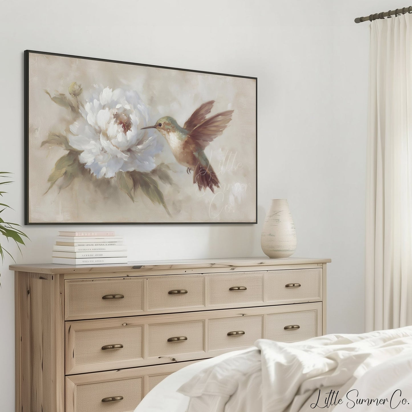 Hummingbird White Peony Frame TV Art displayed on a TV