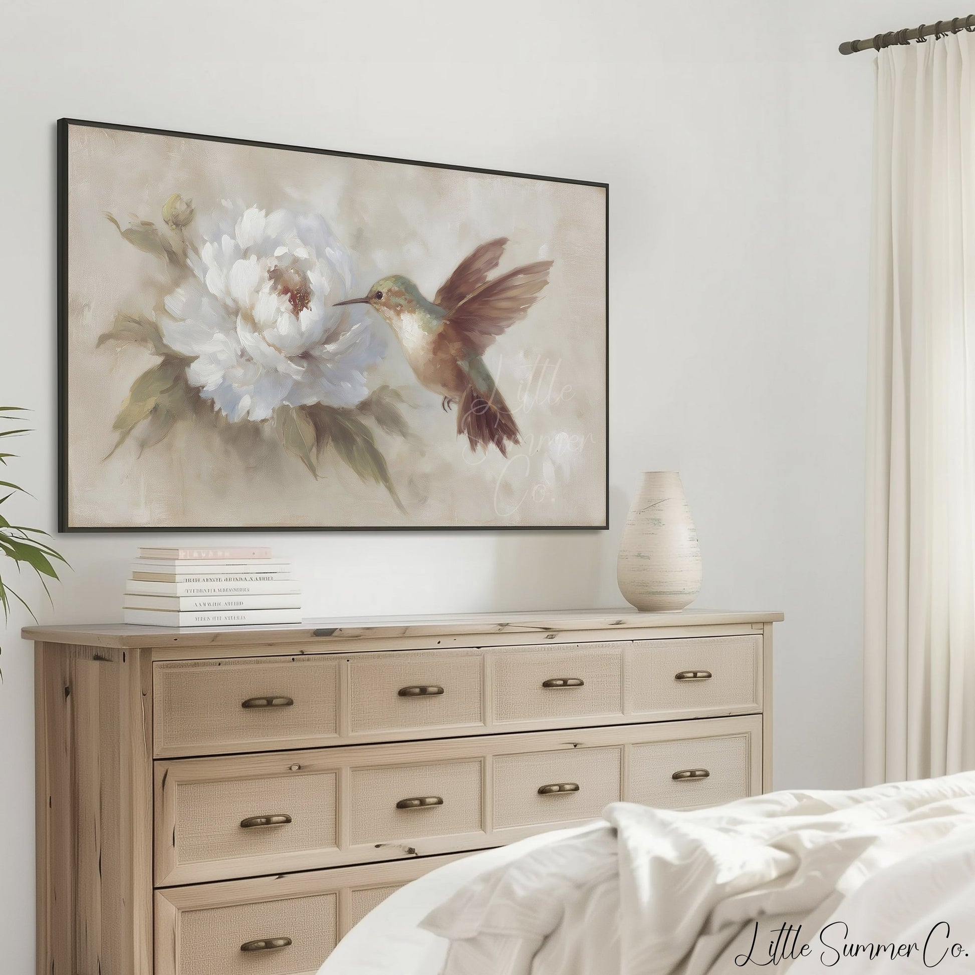 Hummingbird White Peony Frame TV Art displayed on a TV