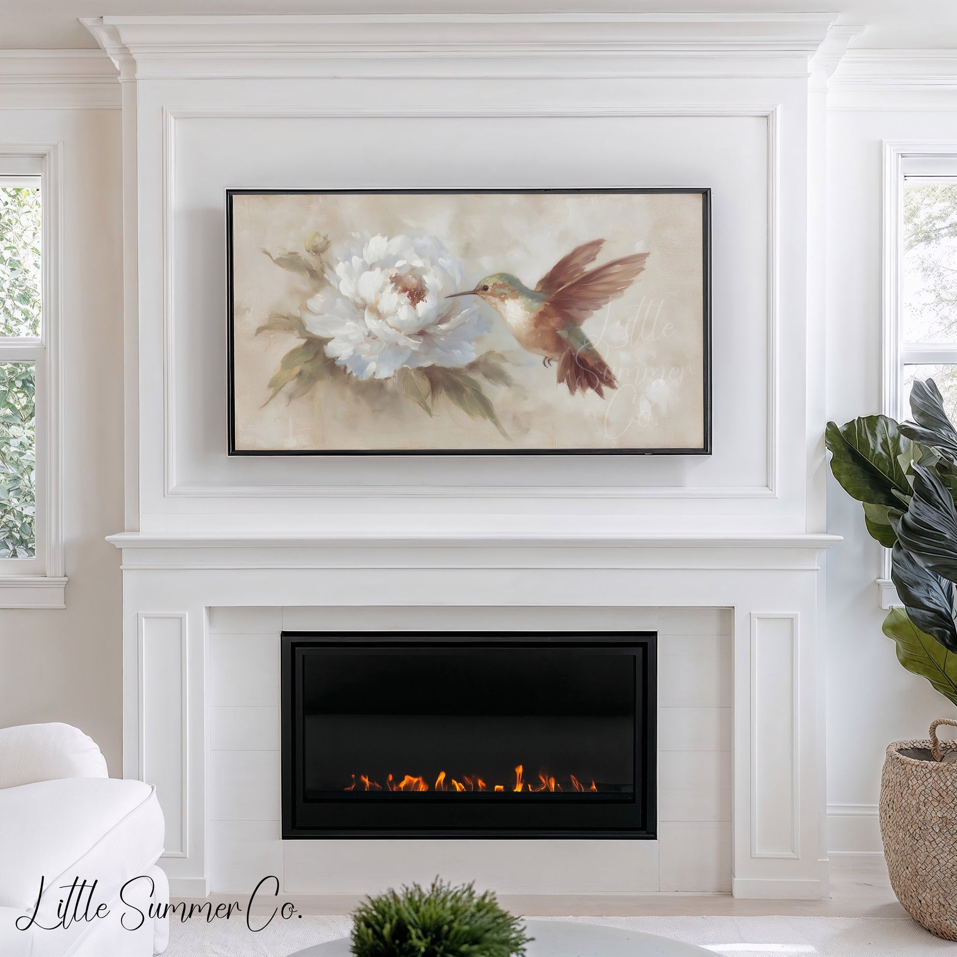 Hummingbird White Peony Frame TV Art displayed on a TV