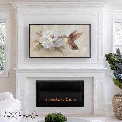 Hummingbird White Peony Frame TV Art displayed on a TV