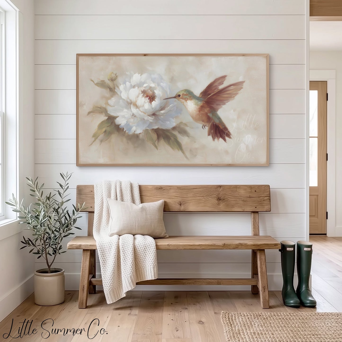 Hummingbird White Peony Frame TV Art displayed on a TV