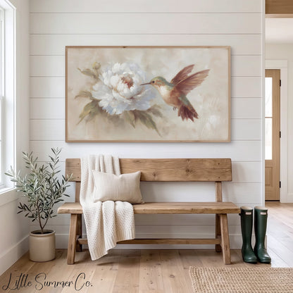 Hummingbird White Peony Frame TV Art displayed on a TV