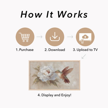 Hummingbird White Peony Frame TV Art displayed on a TV