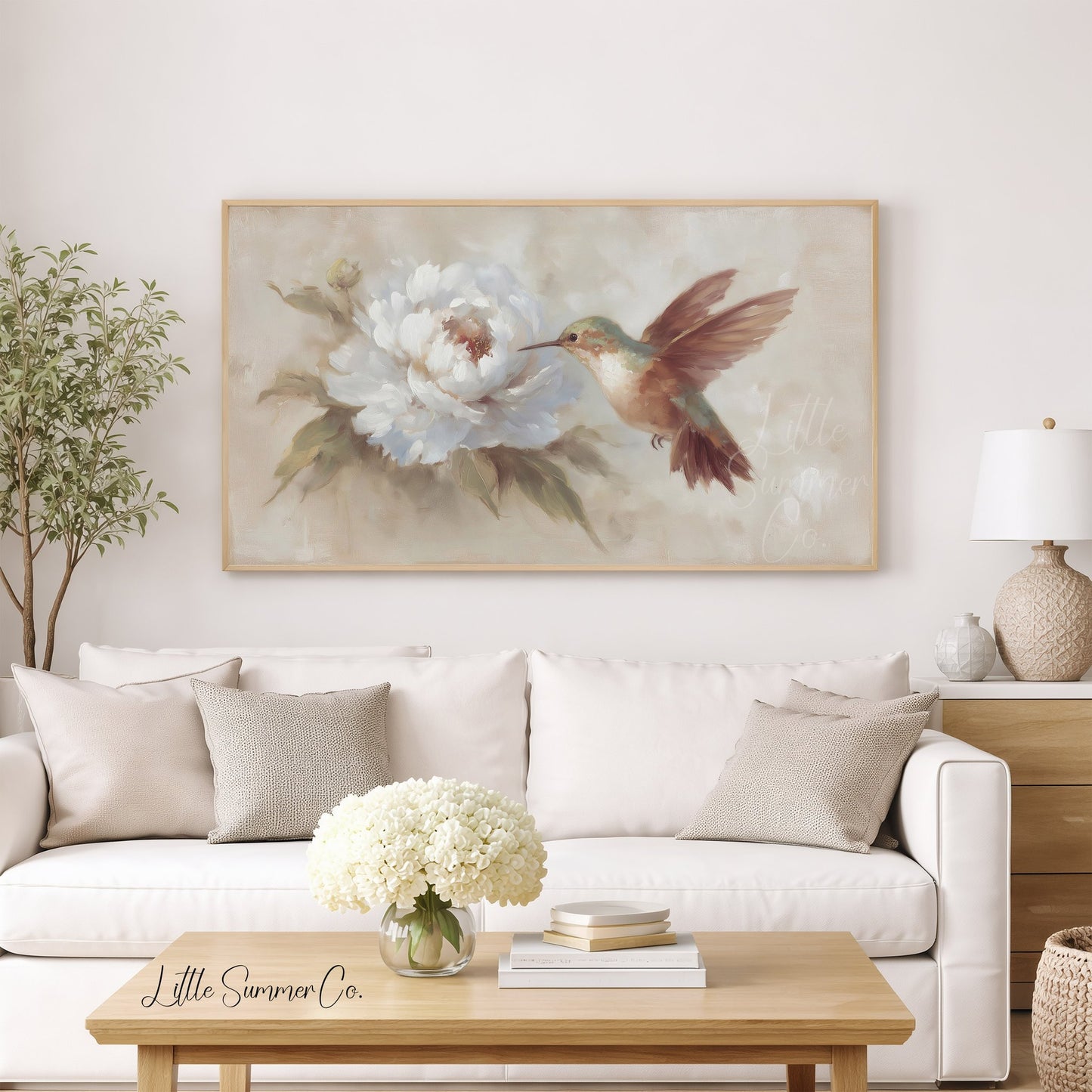 Hummingbird White Peony Frame TV Art displayed on a TV