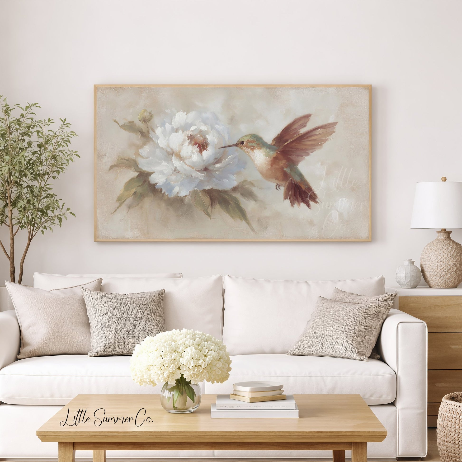 Hummingbird White Peony Frame TV Art displayed on a TV