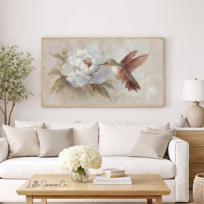 Hummingbird White Peony Frame TV Art displayed on a TV