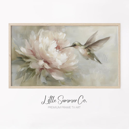 Hummingbird Pink Peony Frame TV Art displayed on a TV