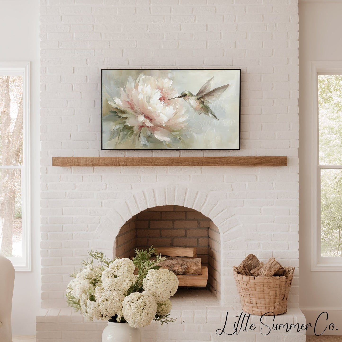 Hummingbird Pink Peony Frame TV Art displayed on a TV