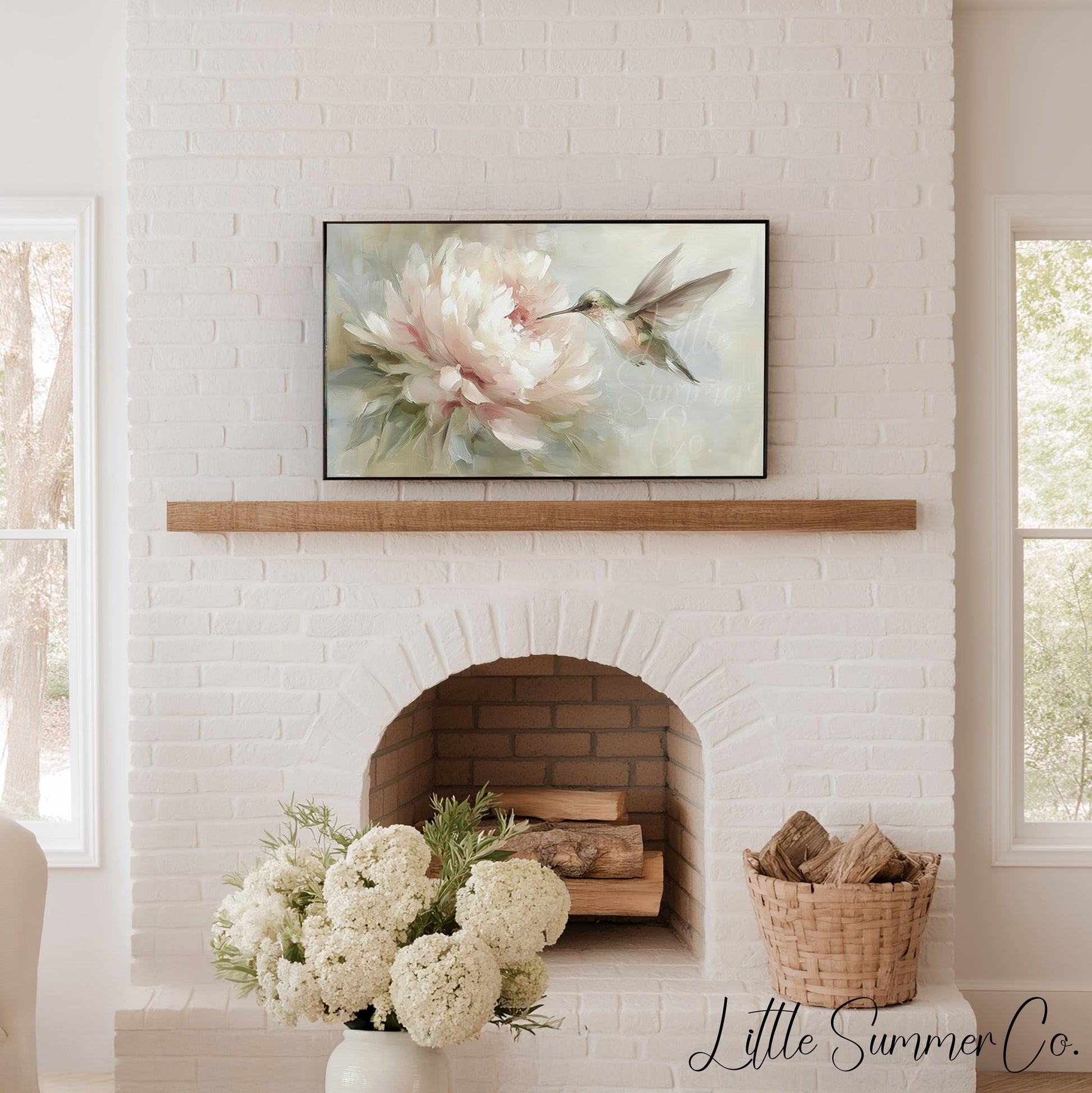 Hummingbird Pink Peony Frame TV Art displayed on a TV