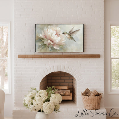 Hummingbird Pink Peony Frame TV Art displayed on a TV