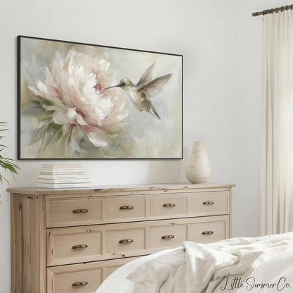 Hummingbird Pink Peony Frame TV Art displayed on a TV