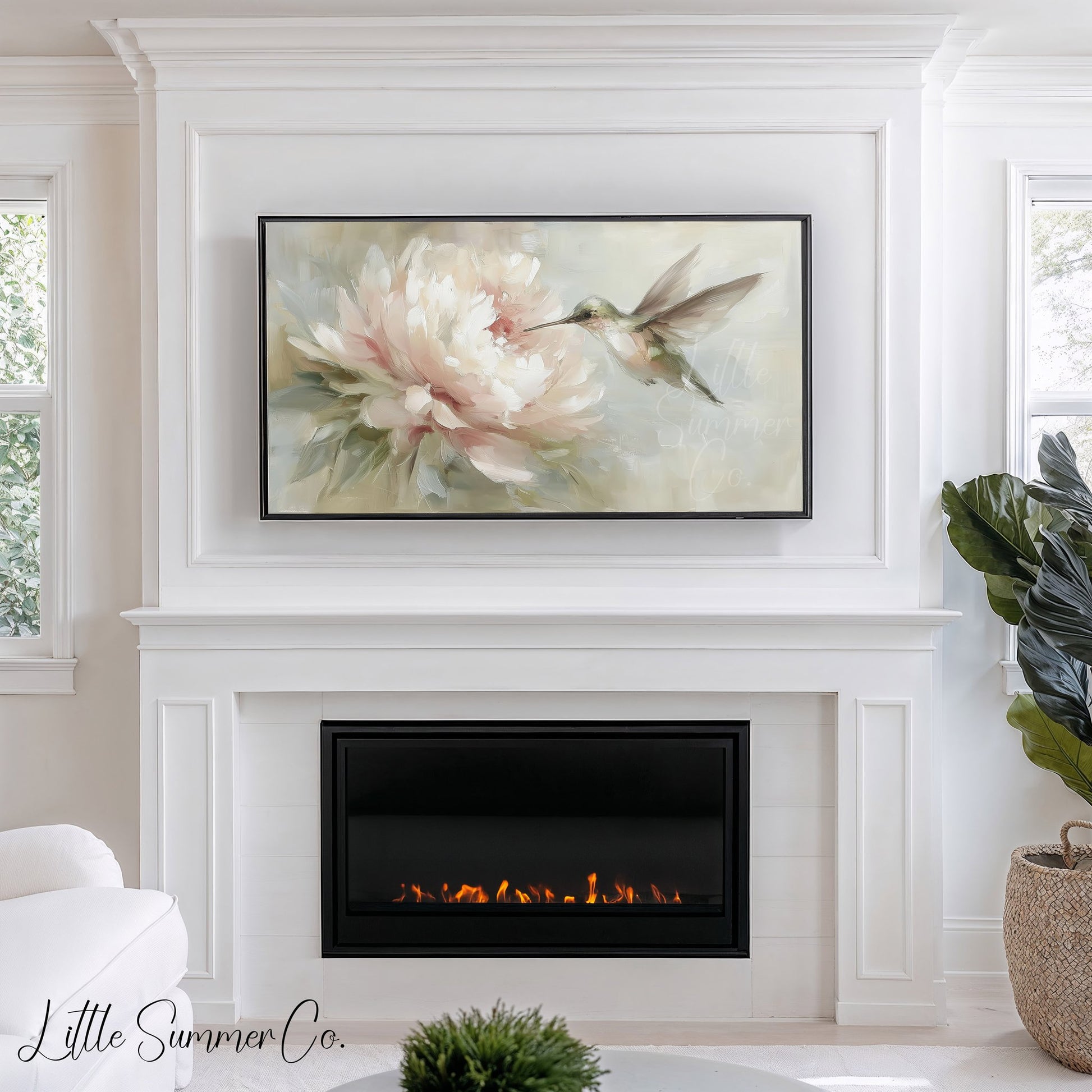 Hummingbird Pink Peony Frame TV Art displayed on a TV