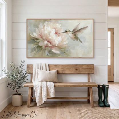 Hummingbird Pink Peony Frame TV Art displayed on a TV