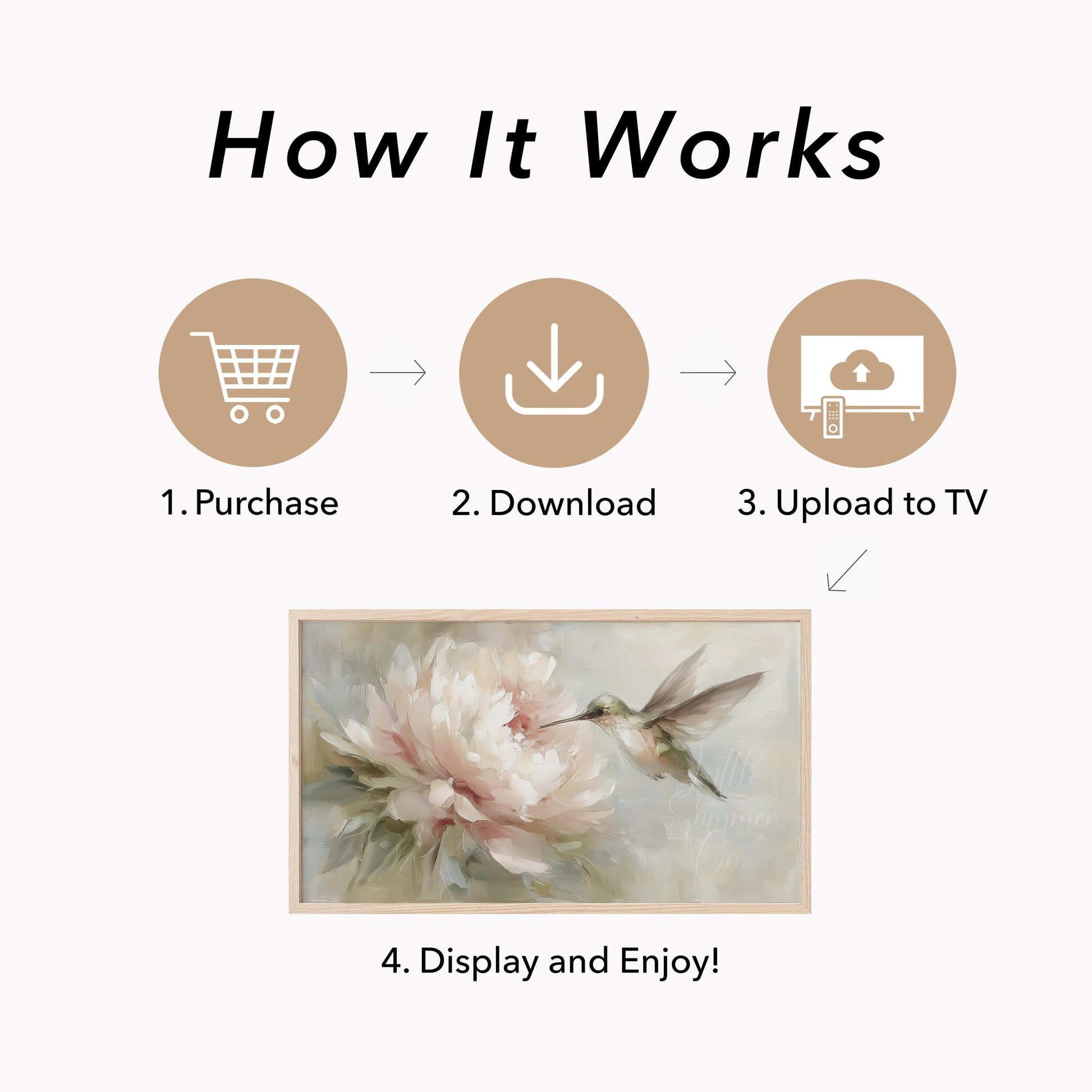 Hummingbird Pink Peony Frame TV Art displayed on a TV