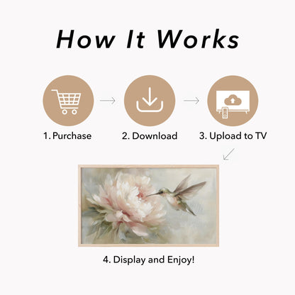 Hummingbird Pink Peony Frame TV Art displayed on a TV