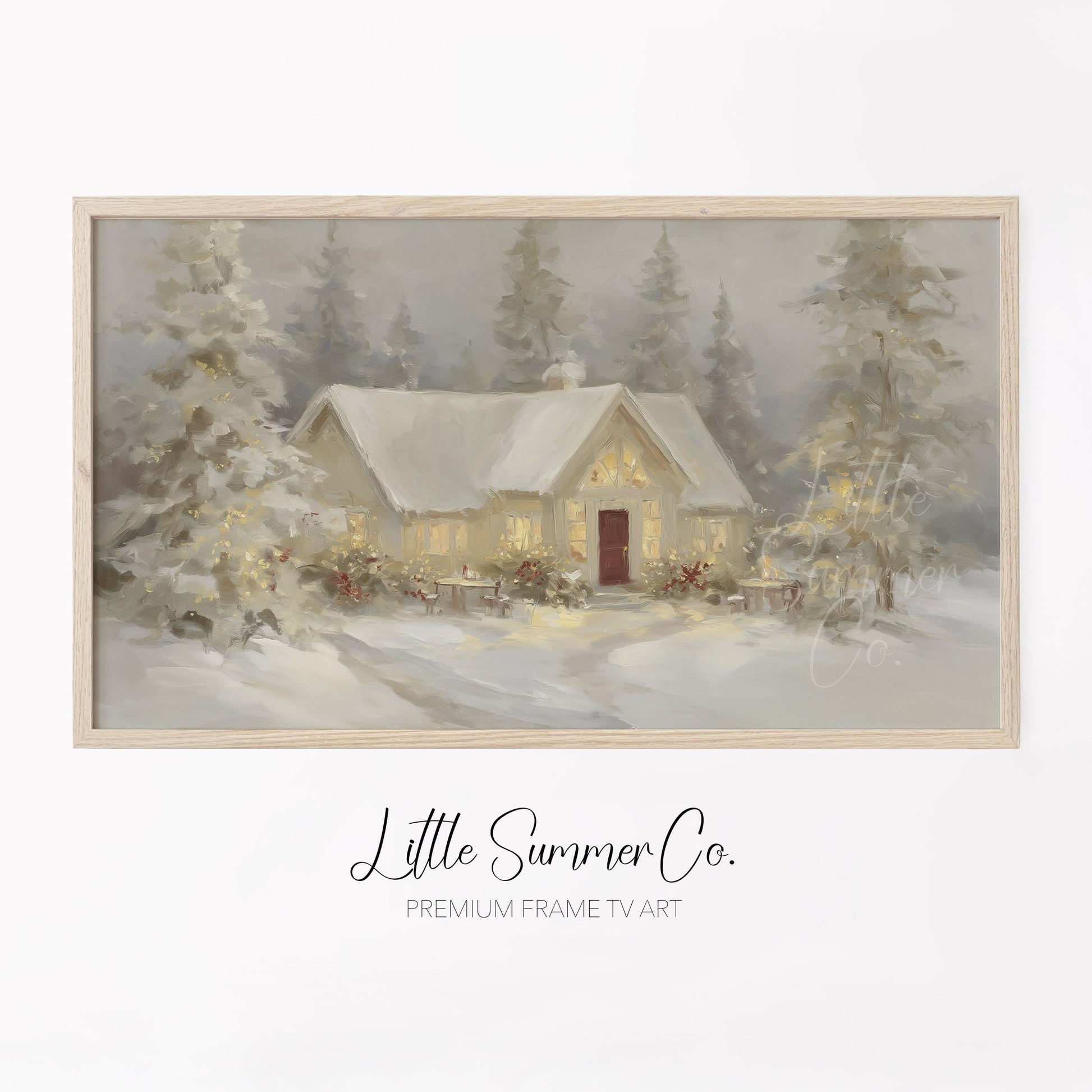 Snowy Cottage Lights Frame TV Art displayed on a TV