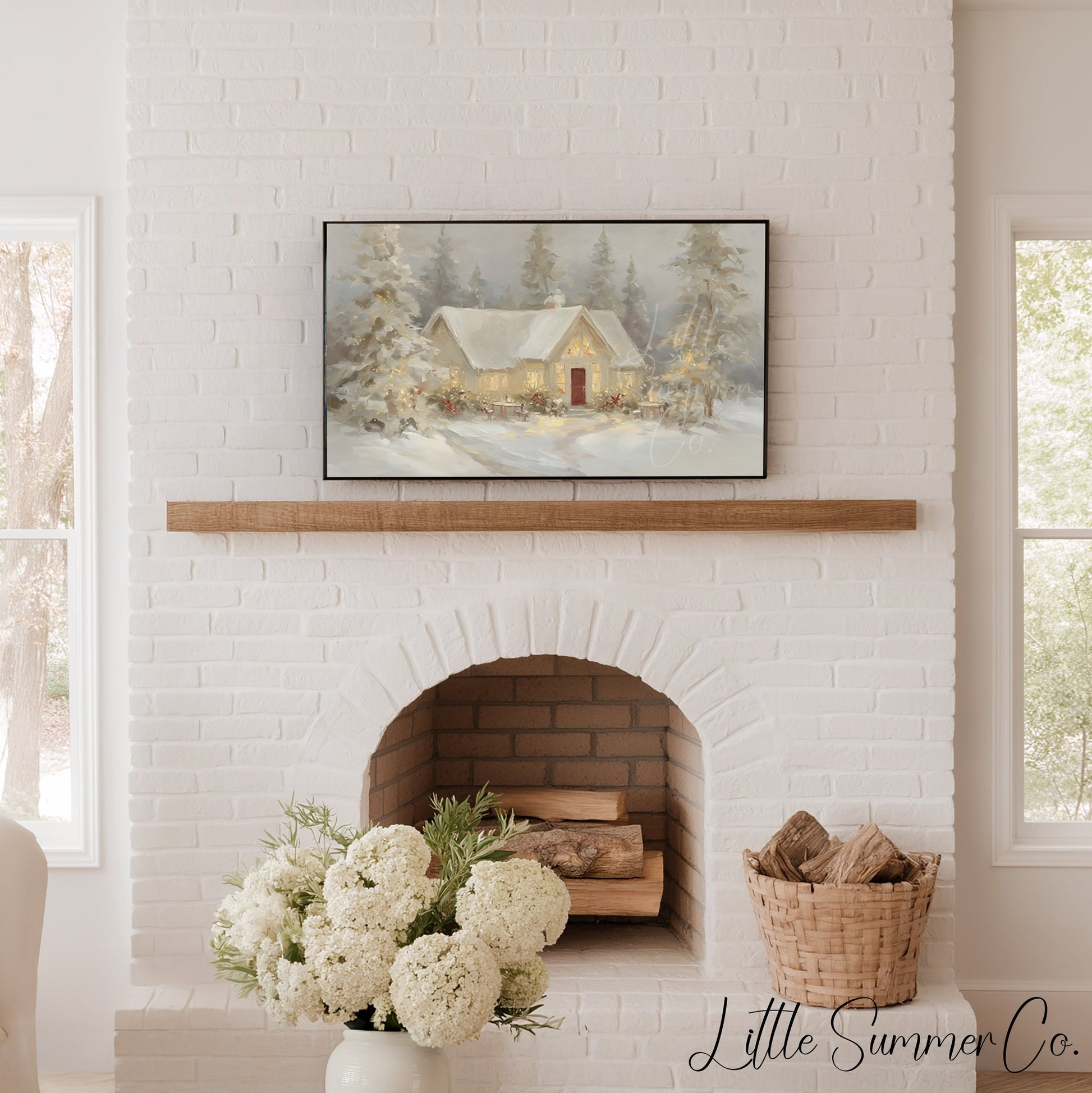 Snowy Cottage Lights Frame TV Art displayed on a TV