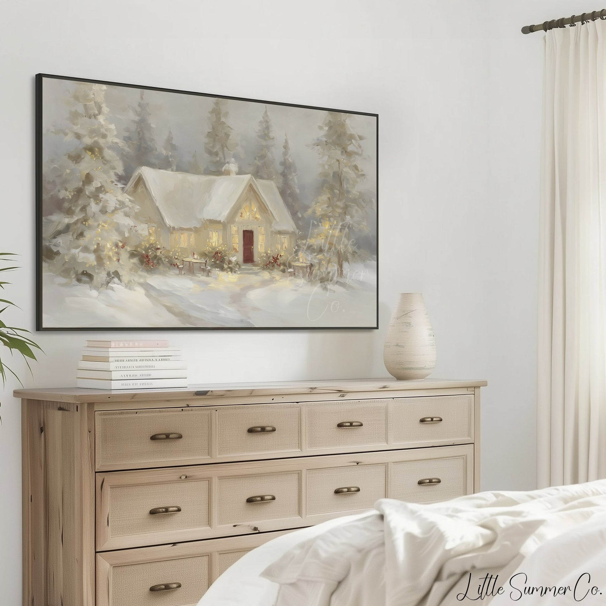 Snowy Cottage Lights Frame TV Art displayed on a TV