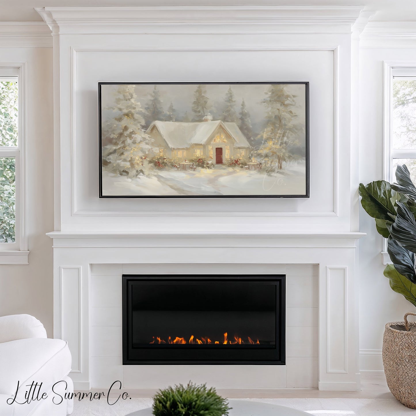 Snowy Cottage Lights Frame TV Art displayed on a TV
