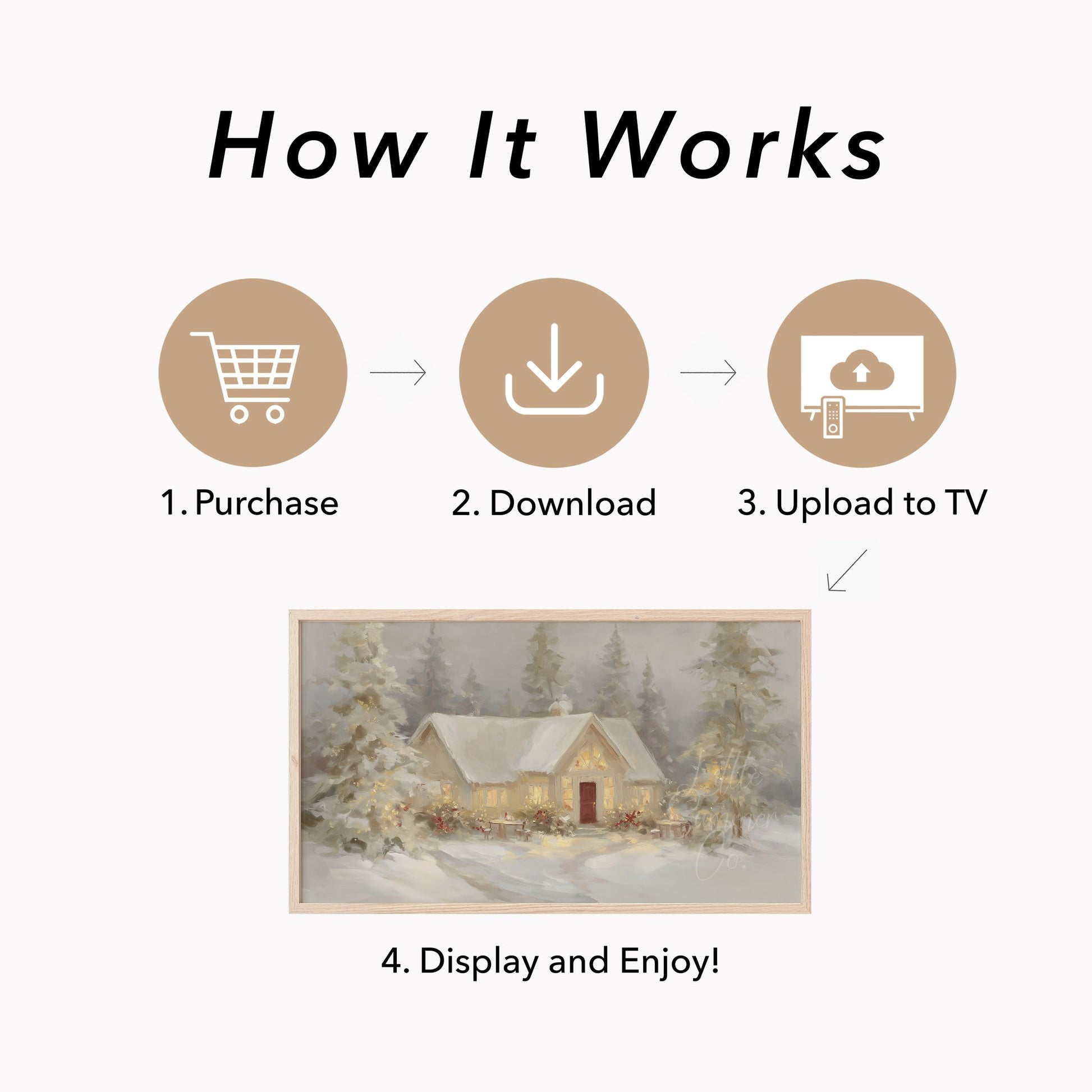 Snowy Cottage Lights Frame TV Art displayed on a TV