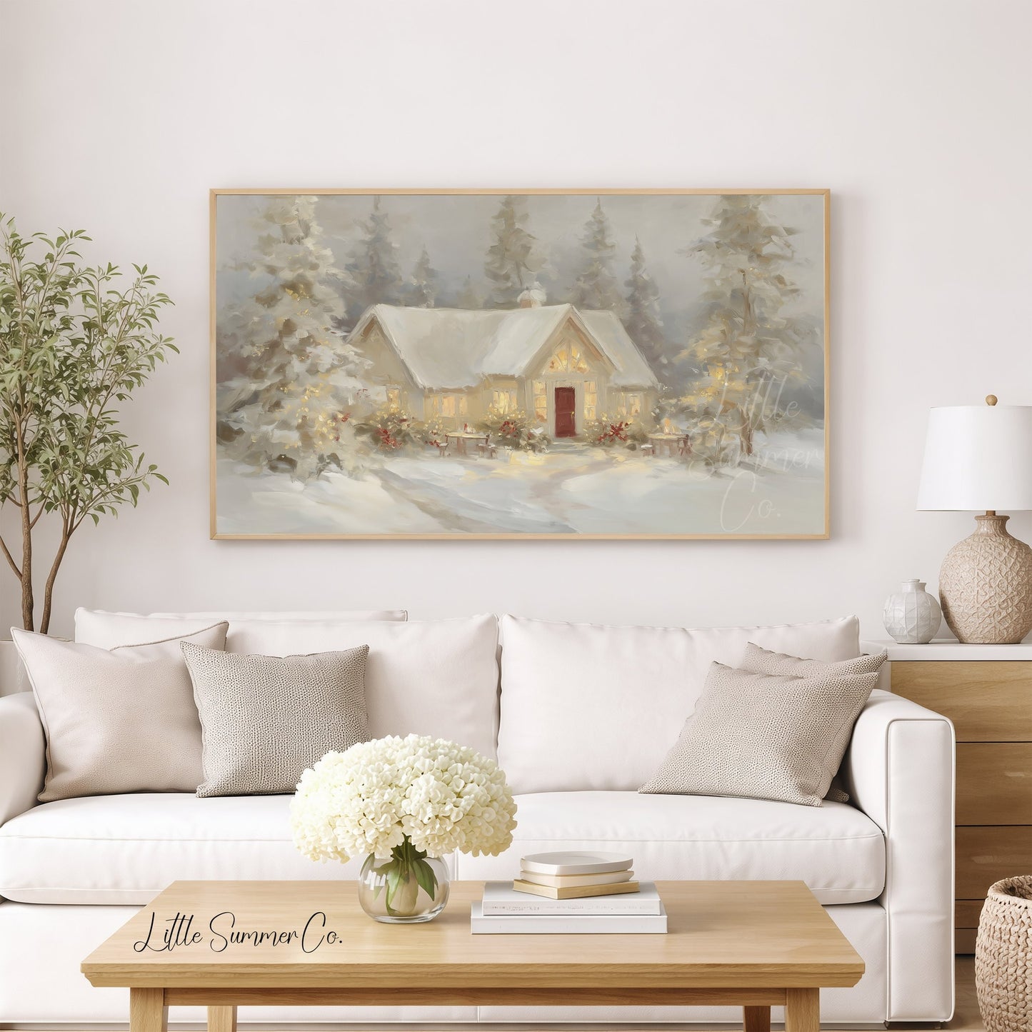 Snowy Cottage Lights Frame TV Art displayed on a TV
