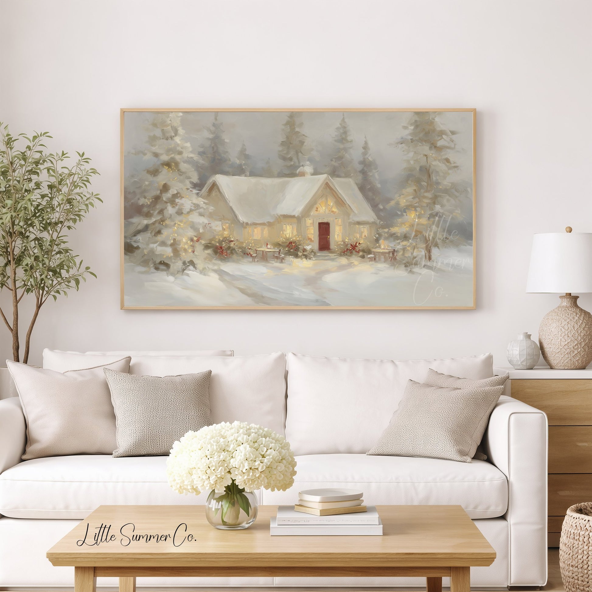 Snowy Cottage Lights Frame TV Art displayed on a TV
