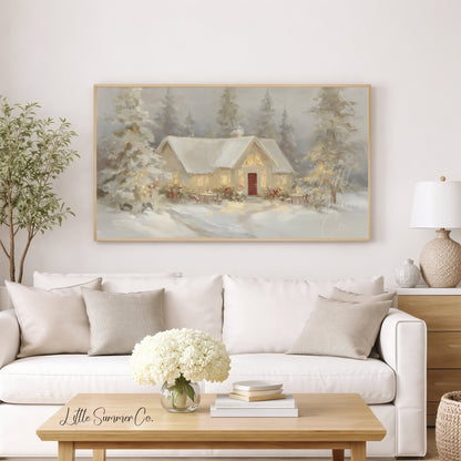 Snowy Cottage Lights Frame TV Art displayed on a TV