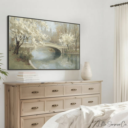 Blossom Bridge Frame TV Art displayed on a TV