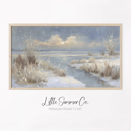 Snowy Lake Shore Frame TV Art displayed on a TV