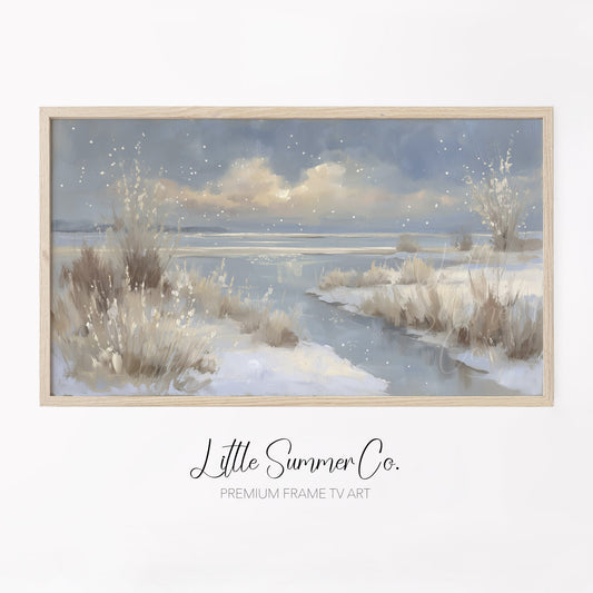 Snowy Lake Shore Frame TV Art displayed on a TV
